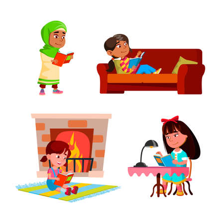 Girls Kids Reading Educational Books Set Vector. Children Ladies Read Interesting Books On Couch And At Table, Near Fireplace And Walking. Characters Enjoying Literature Flat Cartoon Illustrationsのイラスト素材