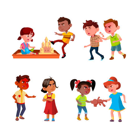 Kids Aggression Fighting And Bullying Set Vector. Brother And Sister Quarrel, Bully Boy Destroying Sandy Castle And Kicking Schoolboy, Children Aggression. Characters Flat Cartoon Illustrationsのイラスト素材