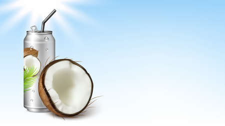 Soda Water With Coconut Taste Copy Space Vector. Delicious Sweet Drink Blank Metallic Packaging With Straw And Cracked Coconut. Cold Beverage Container Template Realistic 3d Illustrationのイラスト素材