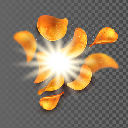 Chips Potato Snack With Salt And Pepper Vector. Crisp Chips Slices Flavoring Spices. Tasty Fry Junk Food Lunch, Gastronomy Nutrition Product Portion Template Realistic 3d Illustrationのイラスト素材