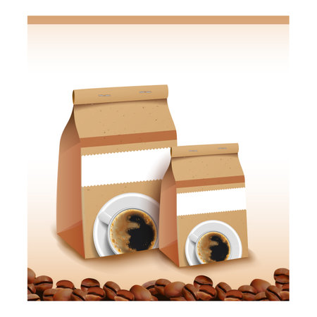 Coffee Beans Product Promotional Poster Vector. Roasted Coffee Beans Blank Paper Packages On Creative Advertising Banner. Natural Aromatic Drink Style Concept Template Illustrationのイラスト素材