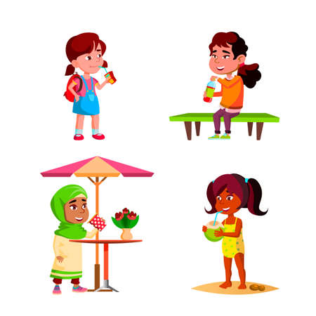 Girls Children Drinking Delicious Drink Set Vector. Kids Ladies Drinking Coconut Cocktail On Beach And Tea At Cafe Table, Juice On Park Bench And Soda Water. Characters Flat Cartoon Illustrationsのイラスト素材