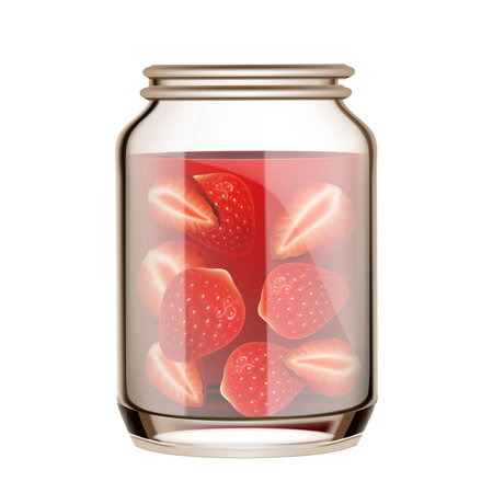 Canned Strawberry In Blank Glass Bottle Vector. Jar With Vitamin Natural Strawberry Berries. Glassware With Pickled Sugary Ripe Fruit, Delicious Dessert Template Realistic 3d Illustrationのイラスト素材