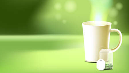 Tea Bag And Cup With Hot Drink Copy Space Vector. Brewed Delicious Beverage Blank Mug With Steam And Sachet With Tea Dry Leaves. Classic Natural Herb Plant Liquid Template Realistic 3d Illustrationのイラスト素材