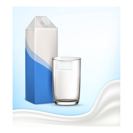 Fresh Milk Natural Drink Promotion Banner Vector. Fresh Milk Glass And Blank Package On Creative Advertising Poster. Breakfast Bio Beverage Container Stylish Concept Template Illustrationのイラスト素材