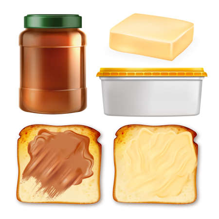 Butter Spread On Toast And Package Set Vector. Collection Of Peanut And Chocolate Butter On Toasted Bread Piece, Blank Container And Bottle. Food Template Realistic 3d Illustrationsのイラスト素材