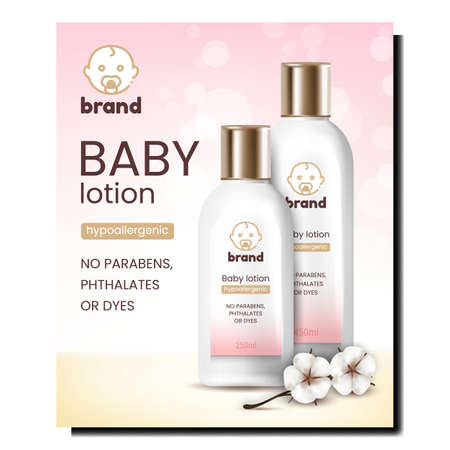 Baby Lotion Creative Promotional Banner Vector. Baby Lotion Blank Bottles And Natural Flowers On Advertising Poster. Hypoallergenic Skin Care Cream Style Concept Template Illustrationのイラスト素材