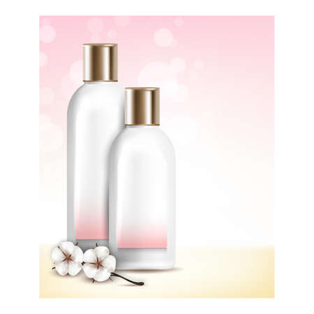 Baby Lotion Creative Promotional Banner Vector. Baby Lotion Blank Bottles And Natural Flowers On Advertising Poster. Hypoallergenic Skin Care Cream Style Concept Template Illustrationのイラスト素材