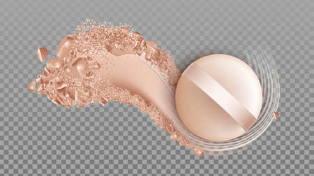 Powder Face Skin Care Cosmetic And Sponge Vector. Powder Make-up Smear And Applicator Beauty...
