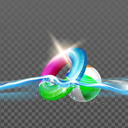 Lifebuoy And Inflatable Ball Float On Water Vector. Emergency Flotation Hoop And Playing Tool For Swimming In Water Pool Or Sea. Vacation Accessory Template Realistic 3d Illustrationのイラスト素材