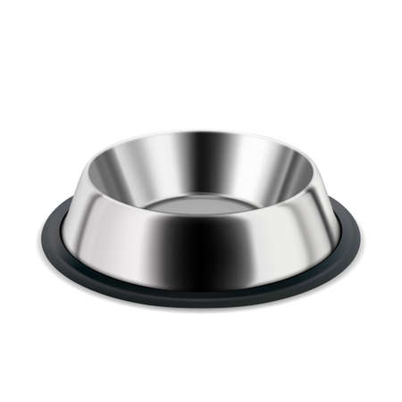 Metallic Plate For Pet Food And Water Drink Vector. Blank And Empty Steel Metal Plate For Feeding Domestic Animal Cat Or Dog. Puppy And Kitten Accessory Template Realistic 3d Illustrationのイラスト素材