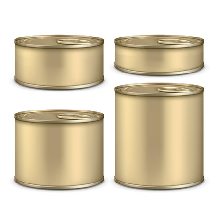 Blank Metallic Tin Can For Canned Food Set Vector. Preserved Nutrition Fish And Meat, Vegetable And Fruit In Steel Tin Can. Containers For Canning Nourishment Mockup Realistic 3d Illustrationsのイラスト素材