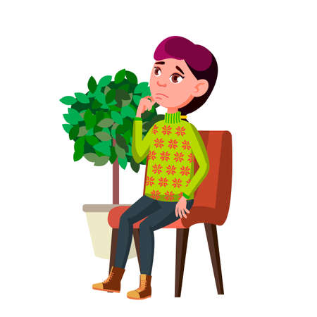Girl Teen Sitting In Hospital Waiting Room Vector. Girl Teen In Clinic Thinking About Health And Medicine Treatment. Character Teenager Sit On Chair Near Decorative Tree Flat Cartoon Illustrationのイラスト素材