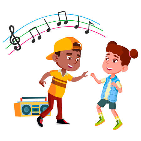 Boy And Girl Kids Dancing Rhythmic Dance Vector. African Schoolboy And Caucasian Schoolgirl Couple Listening Music And Dancing Together Outdoor. Characters Enjoying Flat Cartoon Illustrationのイラスト素材