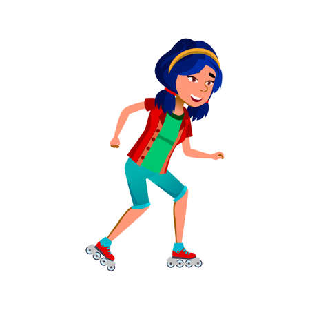 School Girl Riding Roller Skates Outdoor Vector. Asian Happy Schoolgirl Teenager Ride Roller Skates In Park Or Track. Character Young Lady Skating Sportive Active Time Flat Cartoon Illustrationのイラスト素材