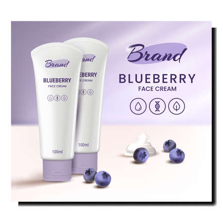 Blueberry Face Cream Creative Promo Poster Vector. Blueberry Face Cream Blank Tubes And Natural Bio Berries On Advertising Banner. Facial Skin Care Cosmetic Style Concept Template Illustrationのイラスト素材
