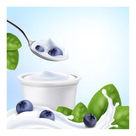 Blueberry Yogurt Creative Promo Banner Vector. Homemade Blueberry Yogurt Blank Cup And Spoon And Berries, Green Leaves And Dairy Cream Splash On Advertise Poster. Style Concept Template Illustrationのイラスト素材