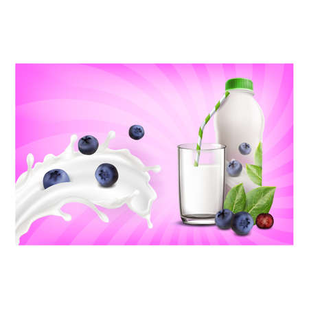 Blueberry Yogurt Creative Promotion Poster Vector. Organic Blueberry Yogurt Blank Bottle And Glass With Straw, Bio Berries And Leaves On Advertising Banner. Style Concept Template Illustrationのイラスト素材