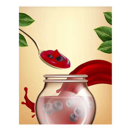 Blueberry Jam Creative Promotional Banner Vector. Blueberry Jam Taking With Spoon From Blank Glass Bottle And Berries, Bush Leaves And Splash On Advertising Poster. Style Concept Template Illustrationのイラスト素材