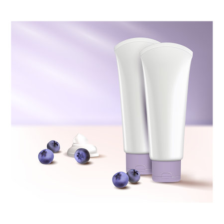 Blueberry Face Cream Creative Promo Poster Vector. Blueberry Face Cream Blank Tubes And Natural Bio Berries On Advertising Banner. Facial Skin Care Cosmetic Style Concept Template Illustrationのイラスト素材