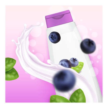 Blueberry Shampoo Creative Promotion Banner Vector. Blueberry Shampoo Blank Bottle Package, Natural Organic Berries And Bush Green Leaves On Advertising Poster. Style Concept Template Illustrationのイラスト素材