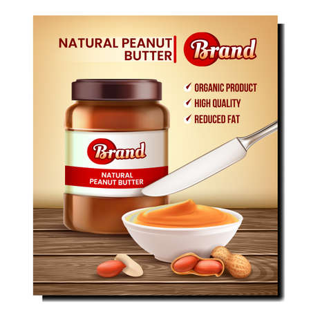 Natural Peanut Butter Promotional Poster Vector. Peanut Butter Blank Bottle, Nuts And Creamy Food With Knife Kitchen Utensil On Wooden Desk Advertising Banner. Style Concept Template Illustrationのイラスト素材