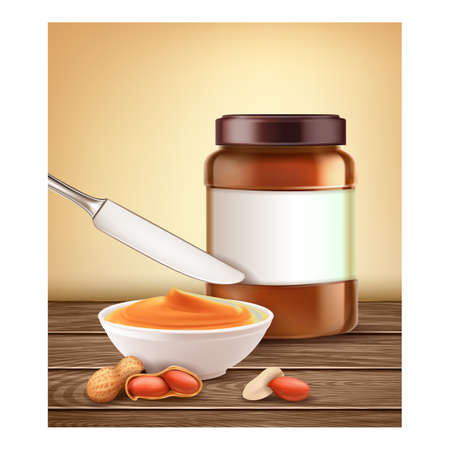Natural Peanut Butter Promotional Poster Vector. Peanut Butter Blank Bottle, Nuts And Creamy Food With Knife Kitchen Utensil On Wooden Desk Advertising Banner. Style Concept Template Illustrationのイラスト素材