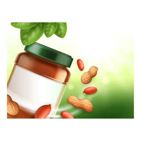 Peanut Butter Creative Promotional Banner Vector. Peanut Butter Blank Bottle, Nuts And Tree Green Leaves On Advertising Poster. Natural Ingredient Food Style Concept Template Illustrationのイラスト素材