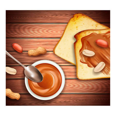 Peanut Butter Creative Promotional Poster Vector. Peanut Butter With Nuts On Toast Bread And Fatty Food In Bowl With Spoon On Wooden Table Advertising Banner. Style Concept Template Illustrationのイラスト素材