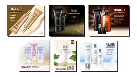 Cosmetic Tubes Creative Promo Posters Set Vector. Cream Cosmetic Tubes And Blank Packages, Lotion Bottle With Pump And Lipstick On Advertising Banners. Style Concept Template Illustrationsのイラスト素材