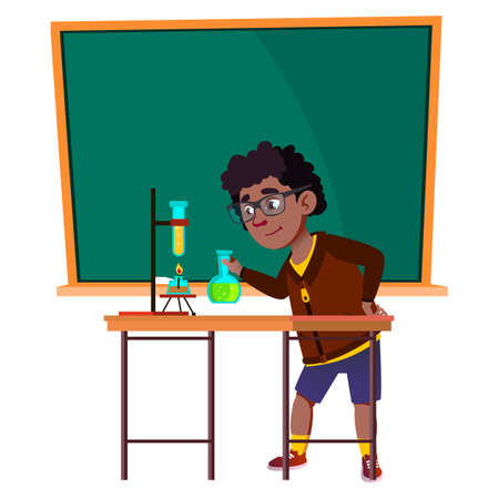 School Boy Scientist Make Lab Experiment Vector. African Schoolboy Making Laboratory Experiment With Chemical Liquid In Class. Character Studying At Chemistry Lesson Flat Cartoon Illustrationのイラスト素材
