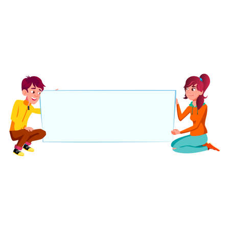Boy And Girl Teens Holding Blank Poster Vector. Happiness European Schoolboy And Schoolgirl Hold Empty Banner On Meeting Or Protest Together. Characters Protesting Flat Cartoon Illustrationのイラスト素材