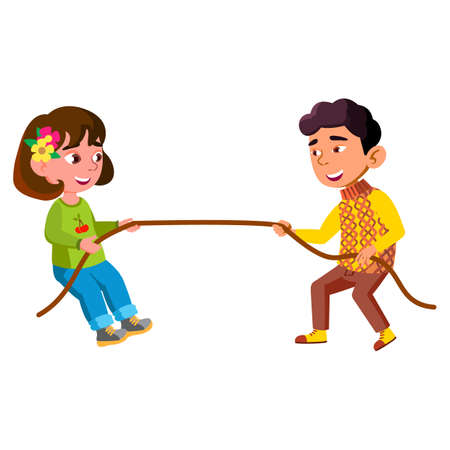 Boy And Girl Children Pulling Rope Together Vector. Asian Schoolboy And Caucasian Schoolgirl Kids Pulling Rope Sportive Competition. Characters Sport Energy Game Flat Cartoon Illustrationのイラスト素材