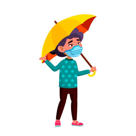 Schoolgirl Wearing Facial Mask Outdoor Vector. Asian School Girl Wear Medical Health Protect Face Mask Walking With Umbrella At Rain Day. Character Walk Outside Flat Cartoon Illustrationのイラスト素材