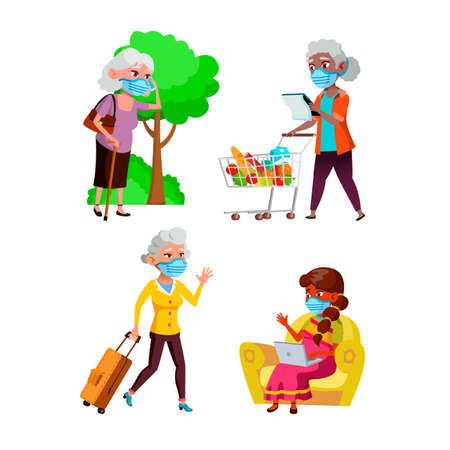 old woman wearing mask set. senior female portrait. face corona protect. pandemic elderly person. mature covid quarantine. vector character flat cartoon Illustrationのイラスト素材