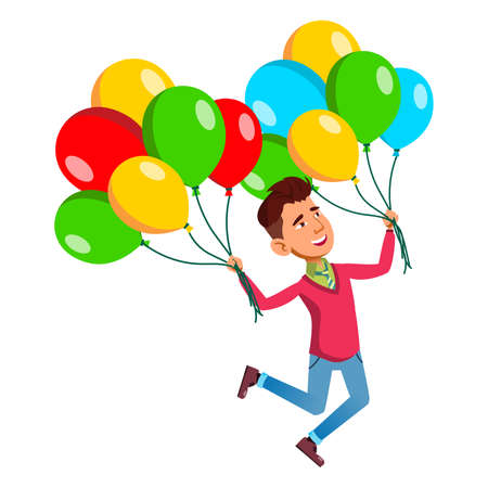 school kid boy with air balloon. summer expression.kid birthday party. vector character flat cartoon Illustrationのイラスト素材