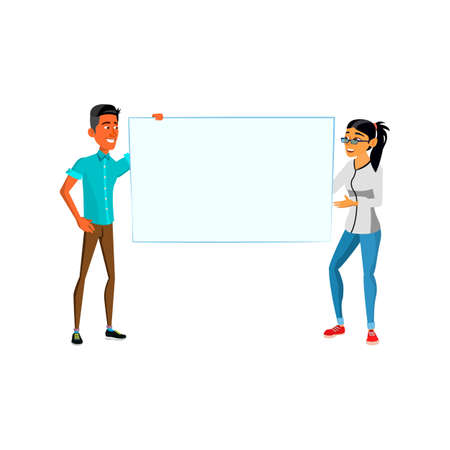 Business man woman with empty banner. Corporate poster. Dialog cloud banner. vector character flat cartoon Illustrationのイラスト素材