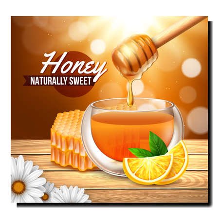 Honey bee food product poster. Wildflower healthy dessert advertising. Hexagon sweet. Sugar nectar. 3d realistic vectorのイラスト素材