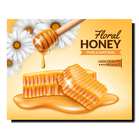 Honey bee food product template. Nature label. Natural Delicious. Wooden dipper. 3d realistic vectorのイラスト素材