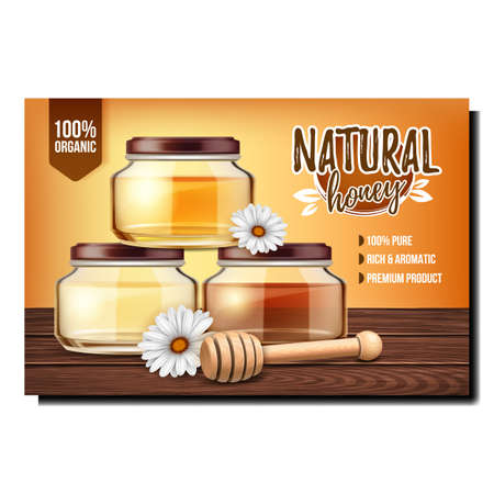 Honey bee food product background. Honeycomb poster. Yellow essence. White flower. 3d realistic vectorのイラスト素材