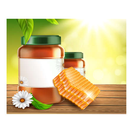 Honey bee food product ad. Yellow liquid, pollen, vintage flower. Beehive product. Tasty package. 3d realistic vectorのイラスト素材