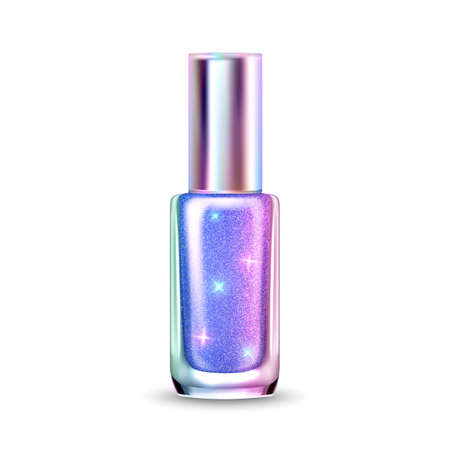 Holographic Color Nail Polish Blank Package Vector. Holographic Glittering Cosmetology Product Bottle For Making Stylish Manicure In Beauty Salon. Template Realistic 3d Illustrationのイラスト素材
