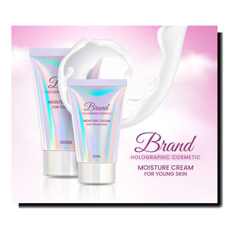 holographic cosmetics poster tube. ad facial cream bottle. body concealer. hologram cosmetic effect. 3d realistic vectorのイラスト素材