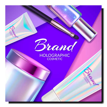 holographic face cosmetics poster. jar cosmetic hologram product. gloss packaging. 3d realistic vectorのイラスト素材