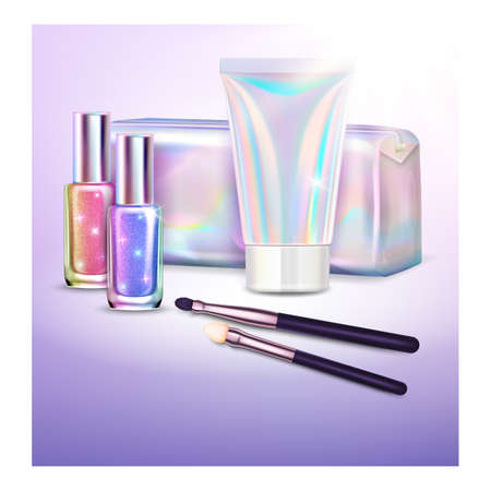 holographic cosmetics poster bag. beauty skincare holographic glitter. unicorn gloss product. 3d realistic vectorのイラスト素材