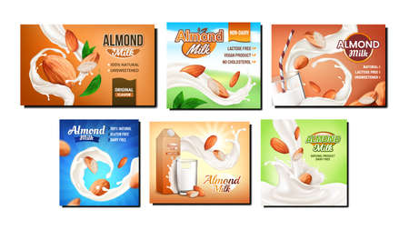 Almond milk drink glass poster set. Vegan nut. Beverage dairy food. white fresh splash. Protein seed. Alternative organic calcium breakfast. Nutrition cold flow. 3d realistic illustrationのイラスト素材