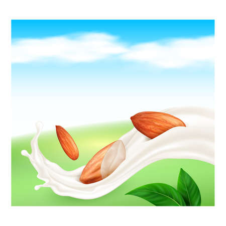 Almond nut milk drink poster. Alternative organic calcium breakfast. Motion object. almond cream wave. 3d realistic illustrationのイラスト素材