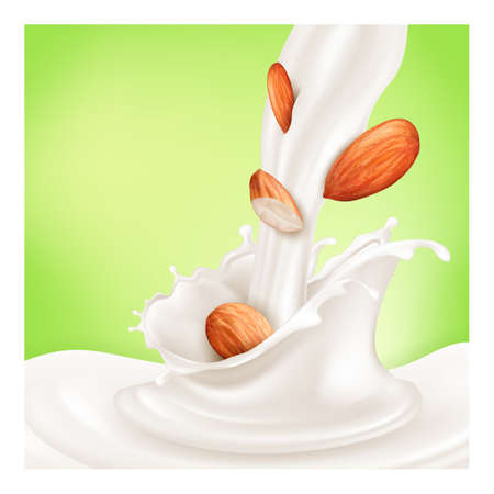 Almond milk dairy drink poster. Vegan nut. Advertising mockup. organic almond nutrition. 3d realistic illustrationのイラスト素材
