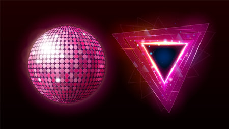 Night Club Disco Ball And Lamp Tools Set Vector. Illuminate And Glittering Nightclub Disco Sphere And Bright Decor In Triangle Form. Discotheque Elegance Equipment Template Realistic 3d Illustrationのイラスト素材