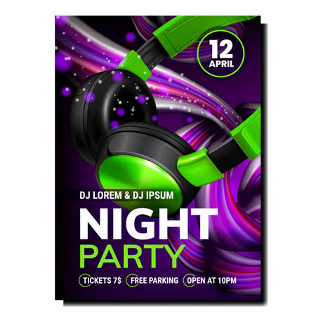 Night club dj poster vector. Dj background banner. Electronic night sound. Digital dance. 3d realistic illustrationのイラスト素材